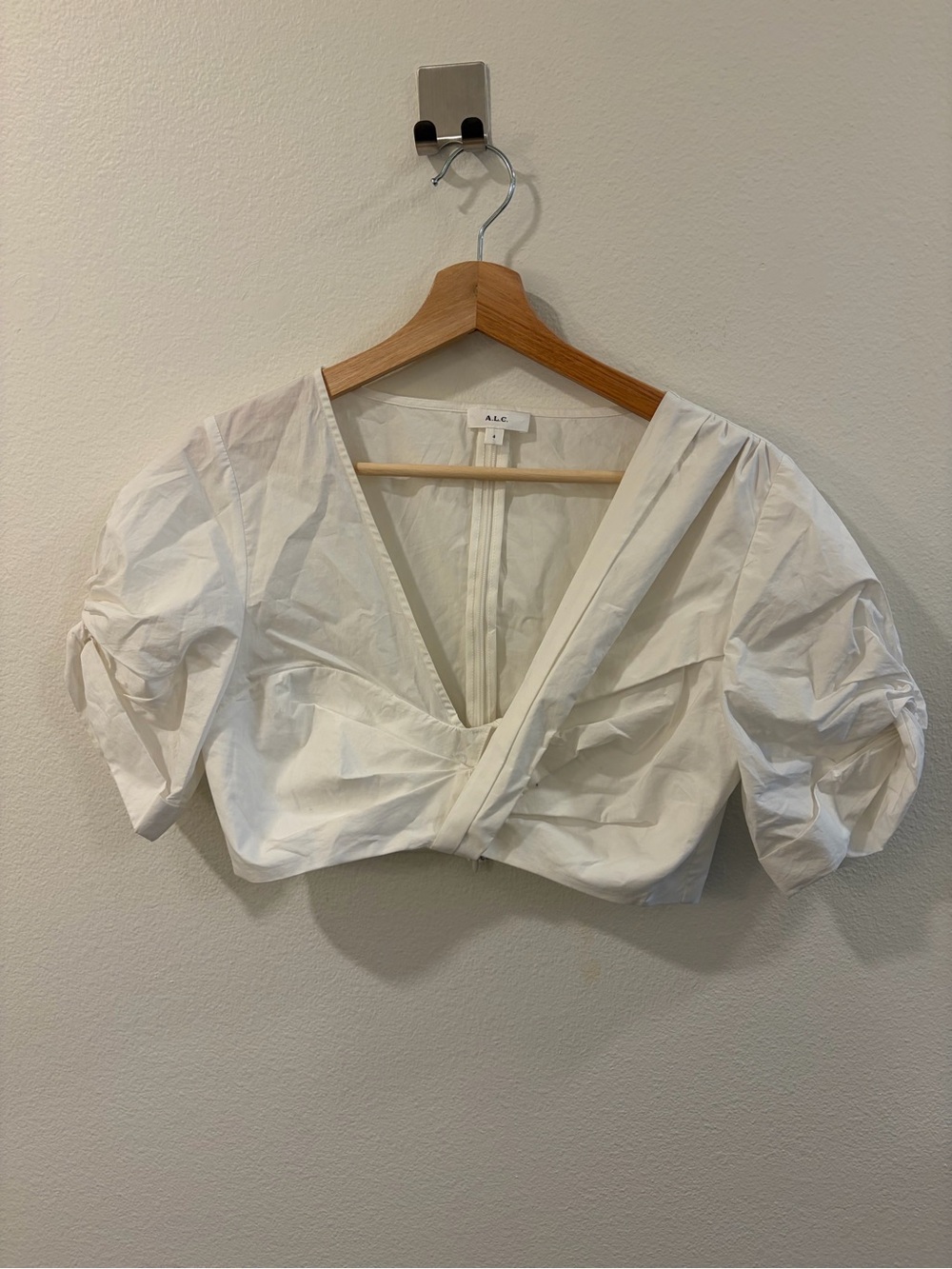 A.L.C. White Wrap-Front Puff Sleeve Crop Top